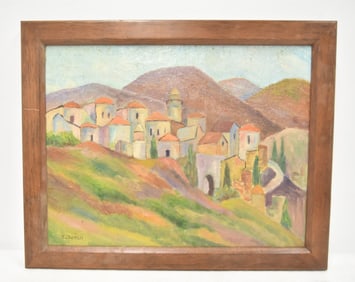 OIL ON CANVAS VILLAGE SCENE SIGNED J SHEMIN