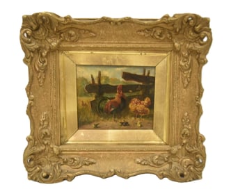 ANTIQUE OIL ON PANEL CHICKENS WITH CHICKS