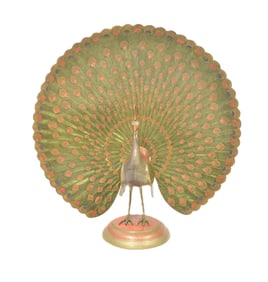 LARGE INDIAN POLYCHROME BRASS PEACOCK