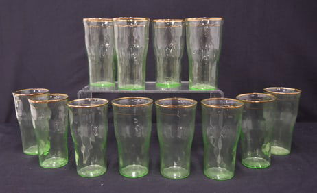 (12) ANTIQUE GREEN & GOLD TUMBLER GLASSES