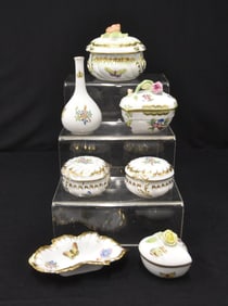 (6) HEREND BOXES , DISH & VASE