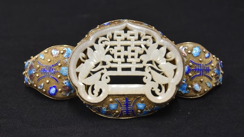 ANTIQUE LARGE CHINESE SILVER & WHITE JADE BANGLE