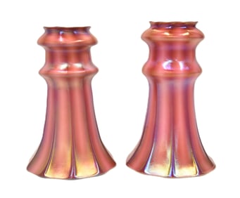 PAIR LARGE IRIDESCENT OXBLOOD ART GLASS SHADES