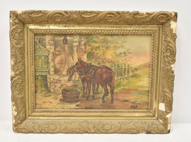 OIL ON CANVAS HORSES AT WELL