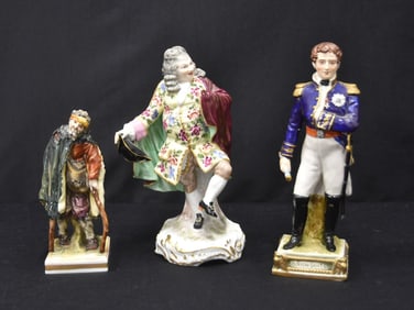 FRENCH PORCELAIN SOLDIER / (2) DRESDEN FIGURES