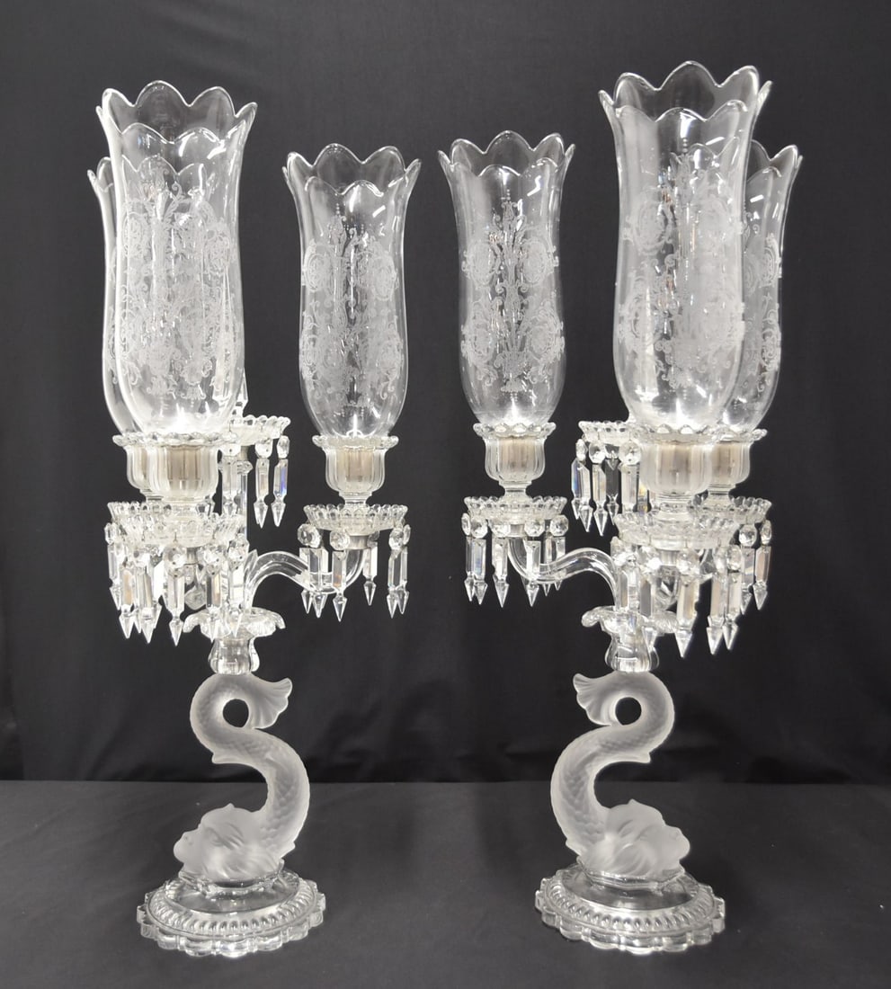 PAIR BACCARAT CRYSTAL DOLPHIN CANDELABRAS: (Pr) LARGE BACCARAT CRYSTAL DOLPHIN - SERPENT (3) ARM CANDELABRAS WITH ETCHED BACCARAT HURRICANE SHADES WITH CENTRAL SPIKES - SHADES & BASE SIGNED BACCARAT ; FRANCE - 11 1/2" x 11 1/2" x 24" OVERALL E