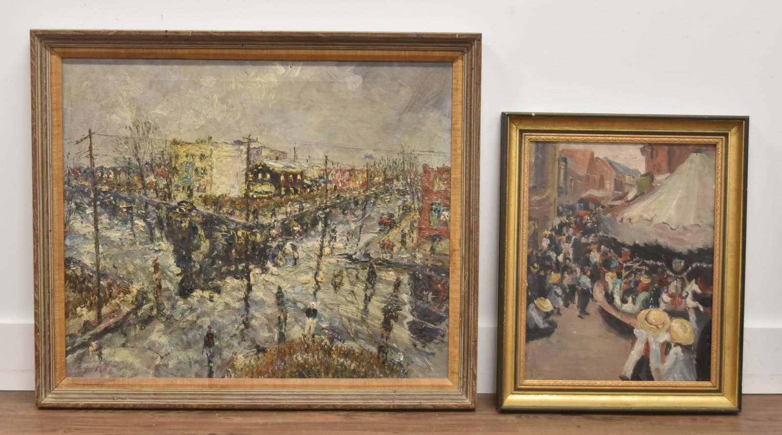 (2) OIL ON CANVAS IMPRESSIONIST SCENES: ANTIQUE OIL ON CANVAS IMPRESSIONIST STREET SCENE , SIGNED LOWER LEFT , ILLEGIBLY - 30" x 25" ; 33 1/2" x 29" OVERALL / OIL ON CANVAS IMPRESSIONISM IMPRESSIONIST CAROUSEL SCENE , SIGNED PRICE , INVERSO