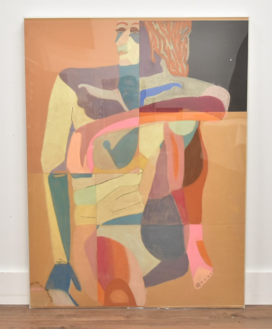 MODERN MIXED MEDIA PORTRAIT OF WOMAN: MID CENTURY MODERN MIXED MEDIA ARTISTS PENCIL LAYERED PAINTING OF ABSTRACT WOMAN , SIGNED LYSIANNE , 72 ; LOWER RIGHT - 36" x 37" OVERALL IN LUCITE FRAME (HAS MOISTURE DAMAGE LOWER LEFT)