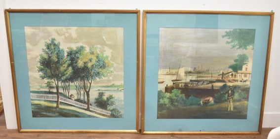 PAIR LARGE CASEIN WATERCOLOR COASTAL PAINTINGS