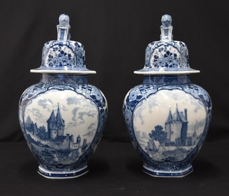 PAIR BLUE & WHITE DELFT COVERED URNS