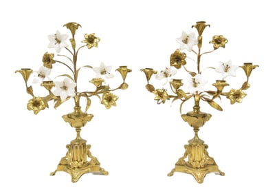 PAIR GILT BRONZE FOLIATE CANDELABRAS