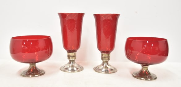 (4) STERLING SILVER & RUBY GLASS TABLE PIECES