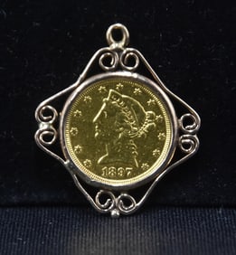 1897 $5 GOLD COIN IN 10kt GOLD FRAME - BU