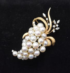 LARGE 14kt  PEARL & DIAMOND GRAPE CLUSTER PIN