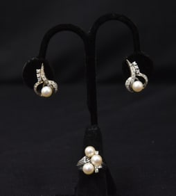 (3)pc 14kt WHITE GOLD PEARL & DIAMOND SUITE