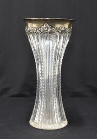LARGE STERLING SILVER & CUT GLASS VASE