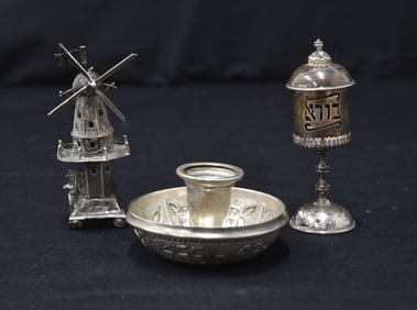 (3) ANTIQUE JUDAICA SPICE TOWERS & CHAMBER STICK