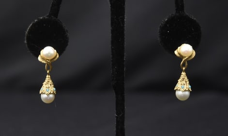 (Pr) 14kt PEARL & TURQUOISE EARRINGS