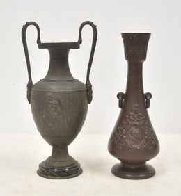 ANTIQUE BRONZE URN & MAJOLICA VASE