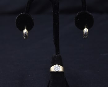 (Pr) 14kt DIAMOND HUGGY EARRINGS & 14kt GOLD RING
