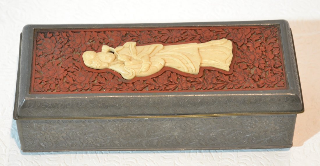 FOOTED CHINESE CINNABAR & IVORY GEISHA PEWTER BOX: MADE IN CHINA -