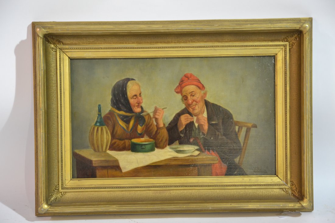 OIL ON BOARD OF OLD MAN & WOMAN AT TABLE: SIGNED V.PERINO - 21" x 12 1/2" , 26" x 18" OVERALL