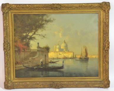 OIL ON CANVAS FIGURE ON GONDOLA IN VENICE CANAL: SCENE SIGNED ILLEGIBLY - 25 1/2" x 19 1/2"