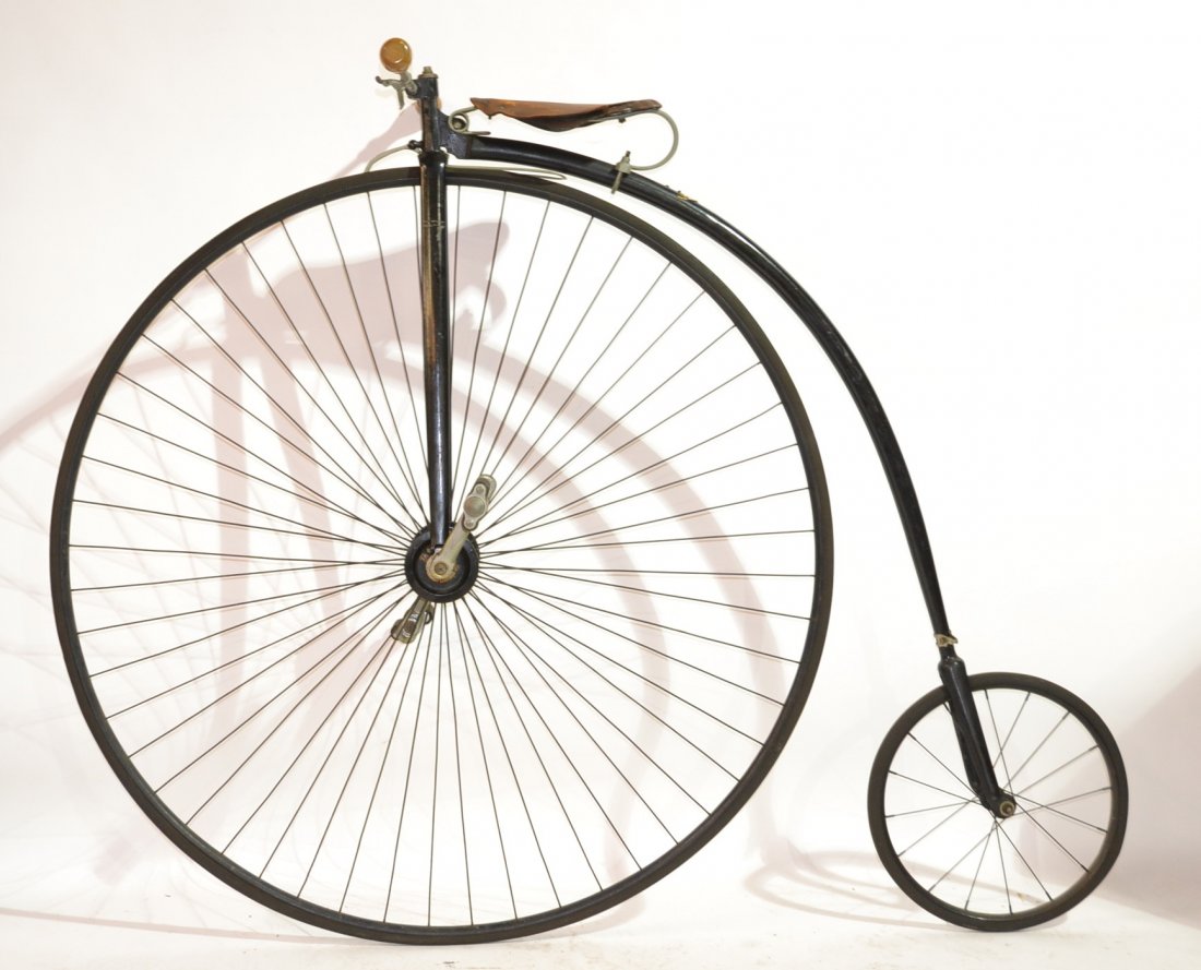 WILLIAM READ & SON HIGH WHEEL BICYCLE: WITH BLACK TUBE FRAME ; MARKED ROYAL MAN ..READ & SON ...BOSTON WITH LEATHER SEAT (IN EXCELLENT CONDITION ; MISSING BRAKE MECHANISM) FRONT WHEEL IS 48 1/2" & BACK WHEEL IS 18 1/2" , OVERALL IS 57" x 6