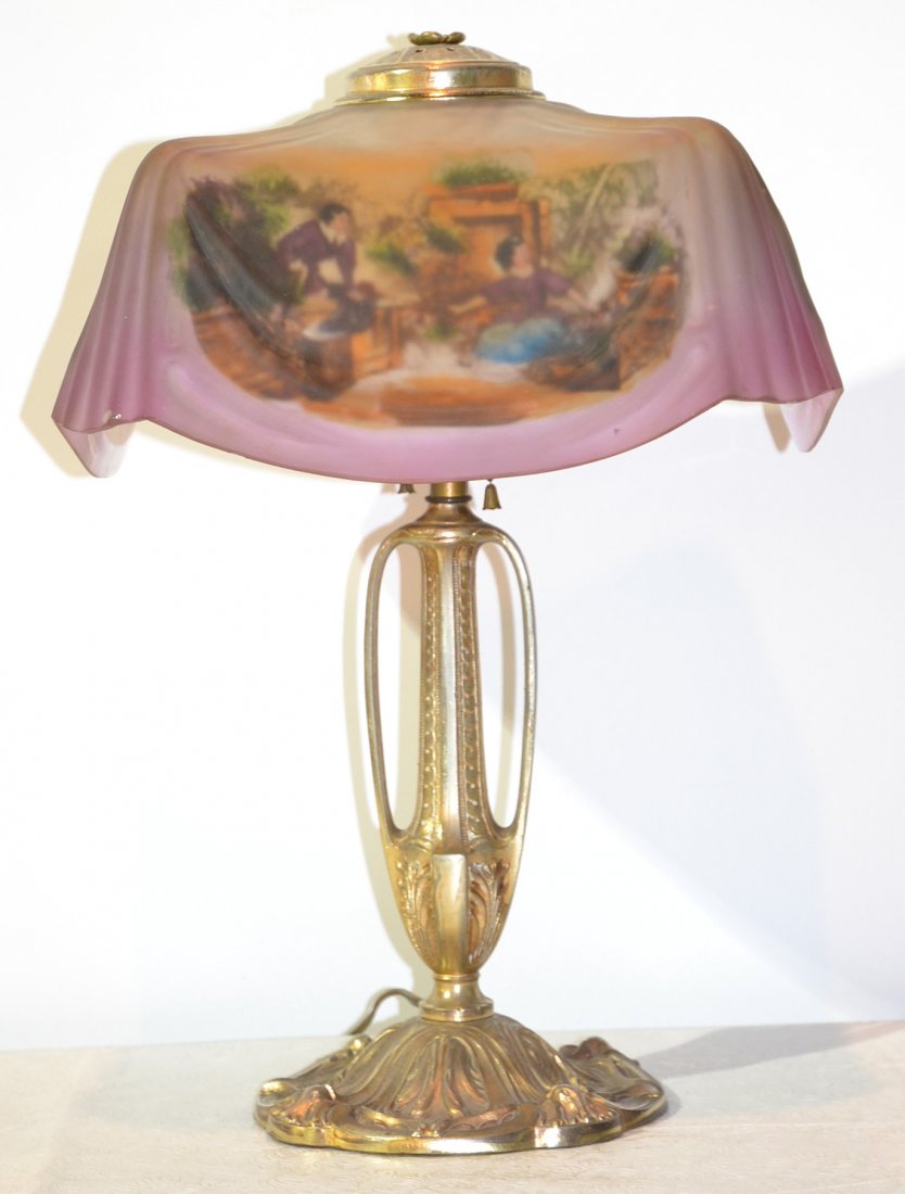 REVERSE PAINTED SQUARE DRAPE FORM SHADE: LAMP WITH SCENIC GROUPINGS & ANTIQUE METAL BASE ; BASE MARKED PLB & GCO -2184- (PITTSBURGH LAMP, BRASS & GLASS CO. - 12 1/2" x 12 1/2" x 19" (SMALL FLAKE ON RIM OF SHADE)