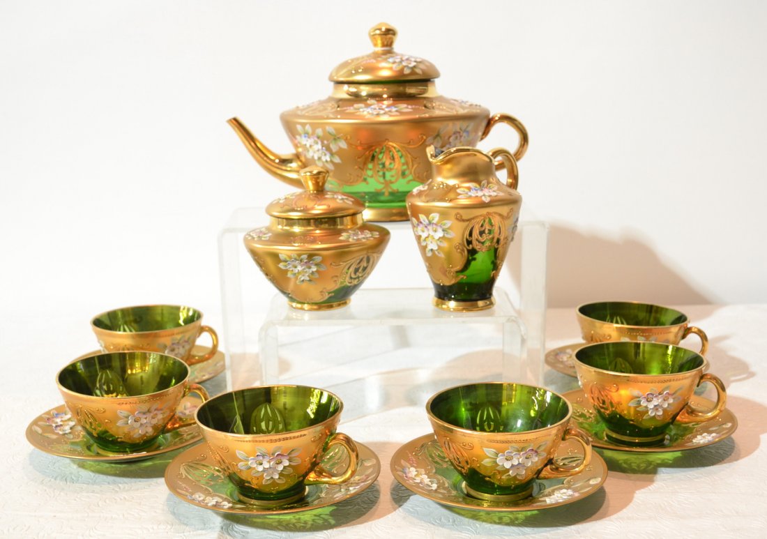 ITALIAN GREEN GLASS & GOLD DECORATED TEA SET