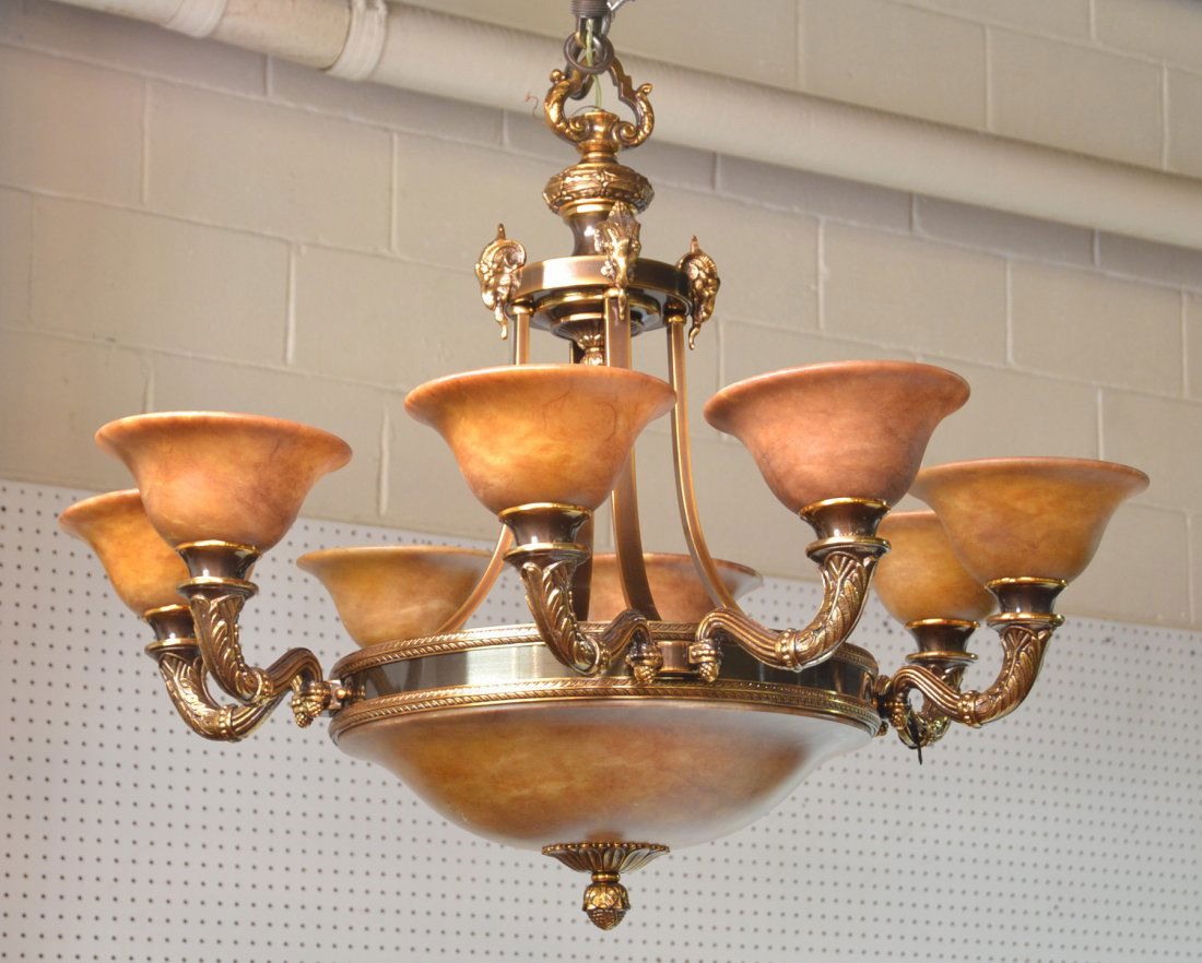 8-ARM ALABASTER & BRONZED METAL CHANDELIER: WITH ALABASTER DOME - 32" x 33"
