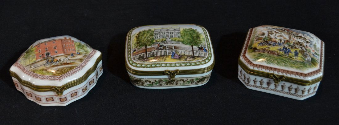 (3) CONTEMPORARY FRENCH PORCELAIN HINGED: BOXES - LARGEST IS 4" x 3"