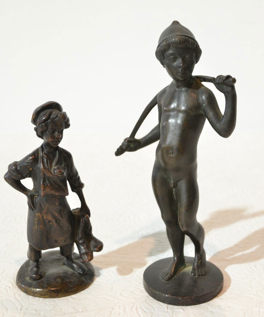 NUDE BRONZE BOY & GIRL WITH BOOTS -: 6 3/4" TALL & 5" TALL