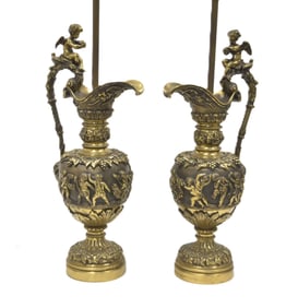 PAIR FRENCH BRONZE WINE EWER LAMPS