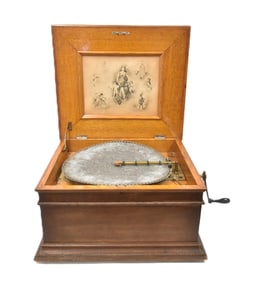 REGINA OAK CASE DISC MUSIC BOX WITH (35) DISCS