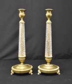 (Pr) FRENCH STYLE CUT GLASS & BRASS CANDLESTICKS