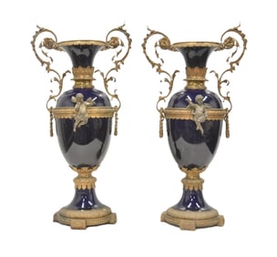 (Pr) COBALT PORCELAIN & BRONZE URNS