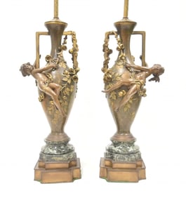 PAIR AUGUSTE MOREAU BRONZE URN LAMPS