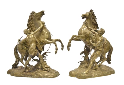 AFTER COUSTOU , PAIR BRONZE MARLEY HORSE