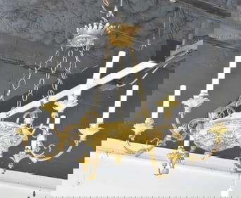 ANTIQUE 19thC 6-LIGHT GILT WOOD CHANDELIER