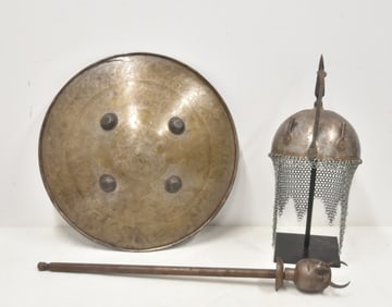 ENGRAVED MIDDLE EASTERN HELMET , SHIELD & STAFF