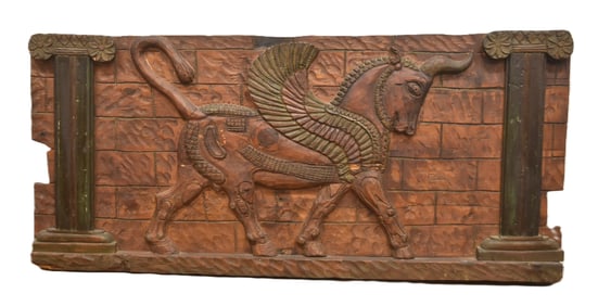 LARGE CARVED WOOD RELIEF PLAQUE OF PEGASUS