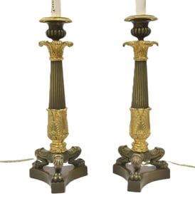 PAIR FRENCH EMPIRE BRONZE CANDLESTICK LAMPS
