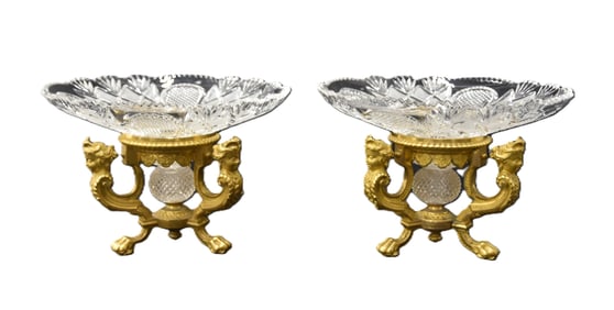 PAIR BACCARAT DORE BRONZE & CUT GLASS TAZZA