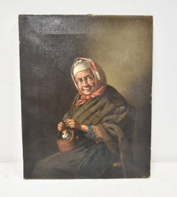 OIL ON CANVAS PORTRAIT OF LADY IN BABUSHKA