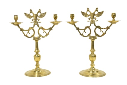 (Pr) ANTIQUE BRASS CANDELABRASS WITH EAGLE