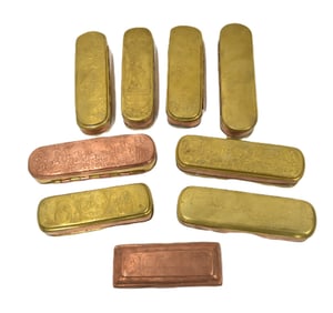 (9) ENGRAVED BRASS & COPPER TOBACCO TINS