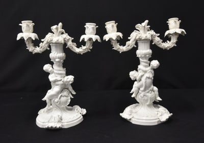 PAIR MEISSEN BLANC PORCELAIN CANDLESTICKS