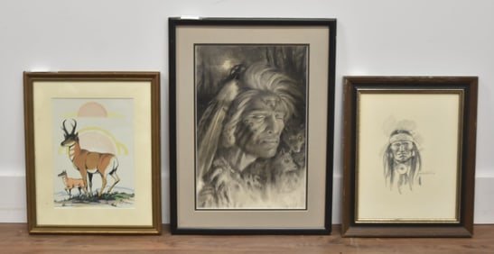 (3) NATIVE AMERICAN WATERCOLOR & CHARCOAL