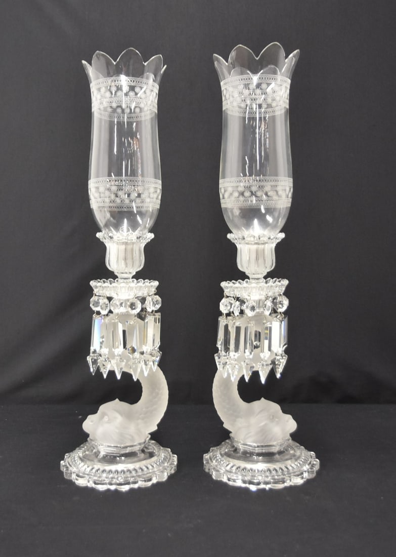 PAIR BACCARAT DOLPHIN CANDELABRAS: (Pr) BACCARAT FROSTED CRYSTAL DOLPHIN CANDLESTICKS WITH ETCHED BACCARAT HURRICANE SHADES - 9" x 23" ; SIGNED BACCARAT
